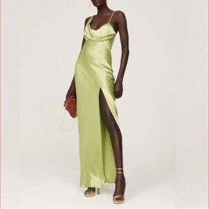 Nicholas Duna one-shoulder satin maxi dress gown slit olive green size 6